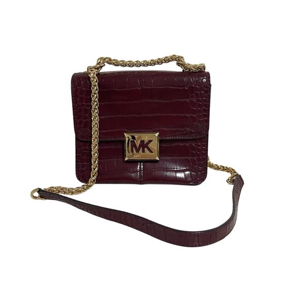 Michael Kors Sonia Croc Embossed Faux Leather Shoulder Bag Merlot Gold Chain - Picture 1 of 16